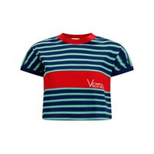 T-shirt di cotone a righe con intarsio - INK + GRASS GREEN + WHITE